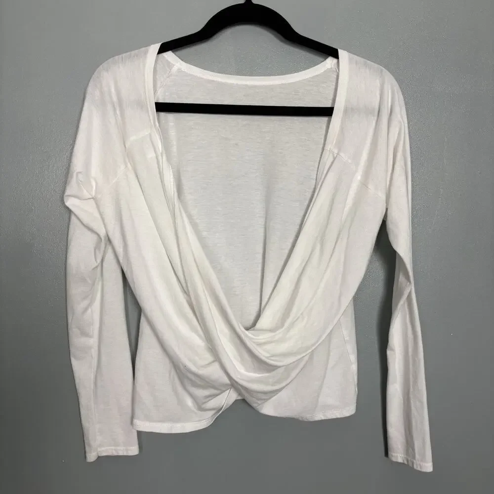 FABLETICS Women’s Cotton Blend Long Sleeve Open Front Cross Shirt White XS Gym
